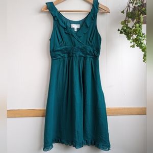🦚Anthro Moulinette Soeurs Marakata Emerald Green Silk Ruffle Dress 4 Lace Slip
